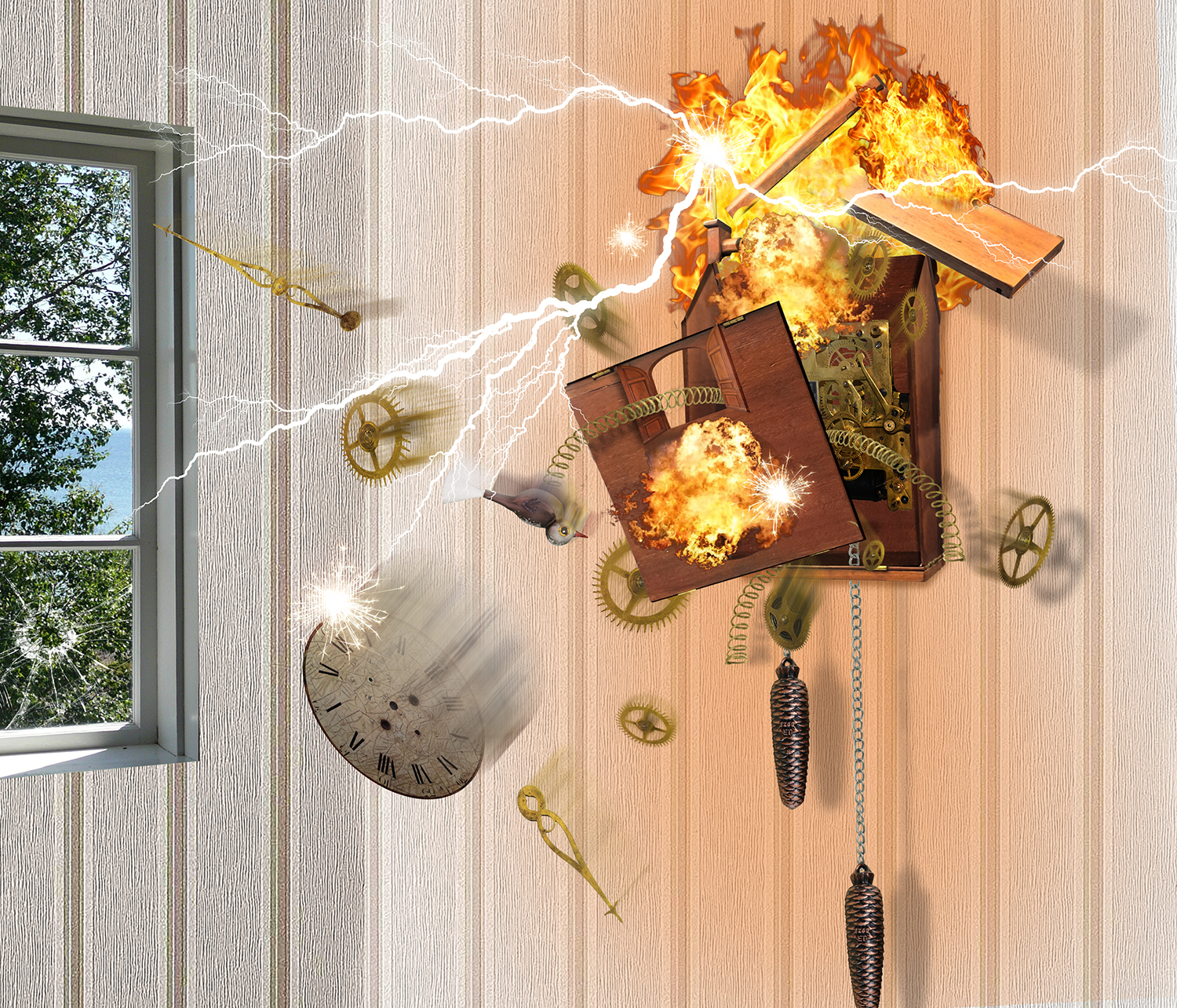 Exploding cuckoo clock